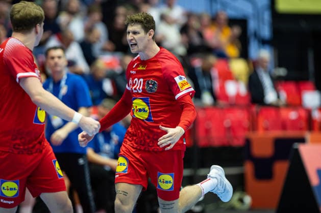 HERNING, DENMARK - JANUARY 19: celebration goal celebration Sebastian Frimmel (Austria, 20) during the EHF EURO 2026 match between Austria vs Serbia at Jyske Bank Boxen Arena on matchday 3 of the Group Matches Group A on January 19, 2026 in Herning, Denmark. Midtjylland Denmark Copyright: xMarioxM.xKobergx