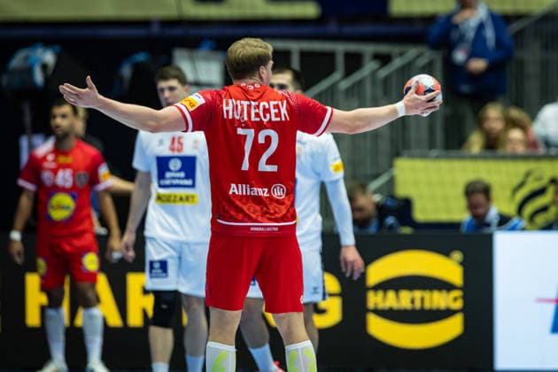 HERNING, DENMARK - JANUARY 19: Lukas Hutecek (Austria, 72) gestures during the EHF EURO 2026 match between Austria vs Serbia at Jyske Bank Boxen Arena on matchday 3 of the Group Matches Group A on January 19, 2026 in Herning, Denmark. Midtjylland Denmark Copyright: xMarioxM.xKobergx