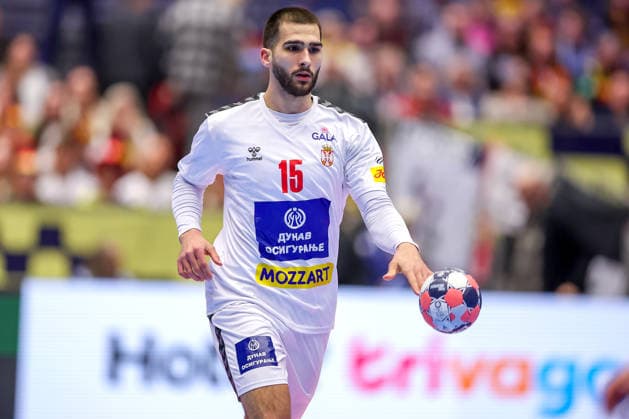 19 01 2026, Handball, Men s EHF EURO 2026, Austria Serbia, Jyske Bank Boxen in Herning, Denmark, Preliminary Round Uros Kojadinovic Serbia 15 Denmark