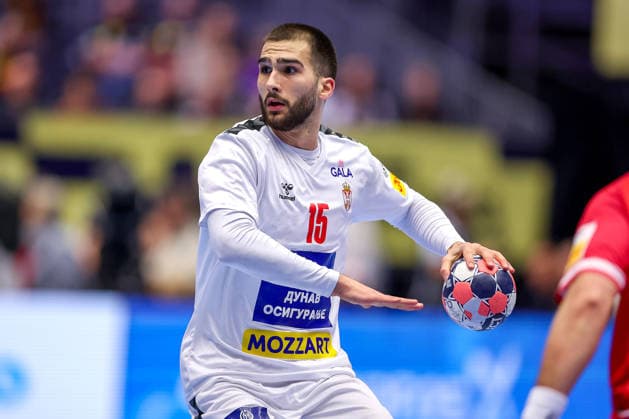 19 01 2026, Handball, Men s EHF EURO 2026, Austria Serbia, Jyske Bank Boxen in Herning, Denmark, Preliminary Round Uros Kojadinovic Serbia 15 Denmark