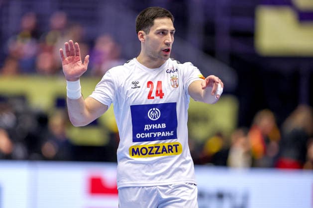 19 01 2026, Handball, Men s EHF EURO 2026, Austria Serbia, Jyske Bank Boxen in Herning, Denmark, Preliminary Round Lazar Kukic Serbia 24 Denmark