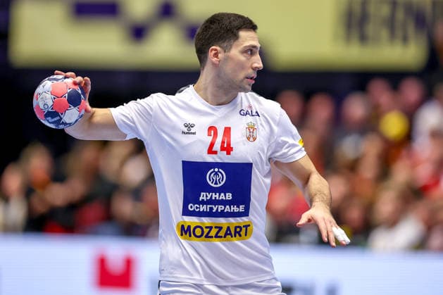 19 01 2026, Handball, Men s EHF EURO 2026, Austria Serbia, Jyske Bank Boxen in Herning, Denmark, Preliminary Round Lazar Kukic Serbia 24 Denmark