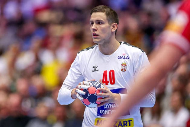 19 01 2026, Handball, Men s EHF EURO 2026, Austria Serbia, Jyske Bank Boxen in Herning, Denmark, Preliminary Round Stefan Dodic Serbia 40 Denmark
