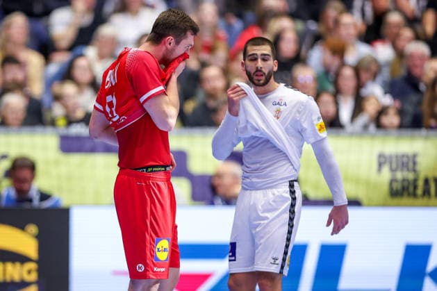 19 01 2026, Handball, Men s EHF EURO 2026, Austria Serbia, Jyske Bank Boxing in Herning, Denmark, Preliminary Round Mykola Bilyk Austria 53 disappointed disappointment Denmark