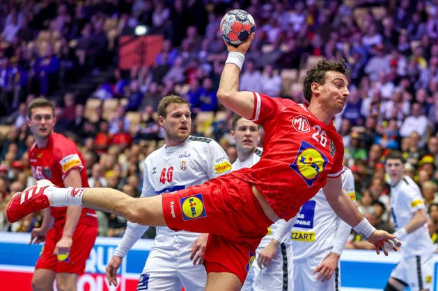 19 01 2026, Handball, Men s EHF EURO 2026, Austria Serbia, Jyske Bank Boxen in Herning, Denmark, Preliminary Round Lukas Herburger Austria 26 throws on goal Denmark