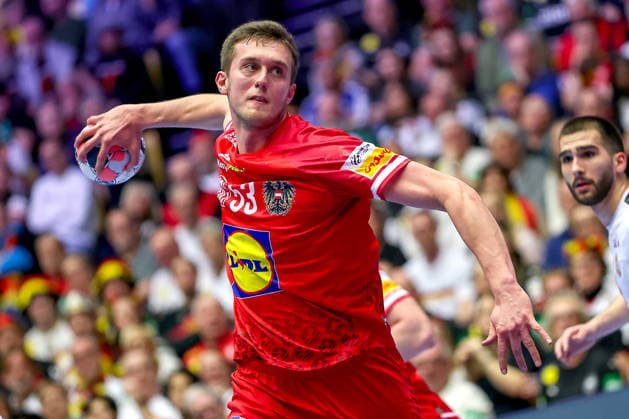19 01 2026, Handball, Men s EHF EURO 2026, Austria Serbia, Jyske Bank Boxen in Herning, Denmark, Preliminary Round Mykola Bilyk Austria 53 Denmark