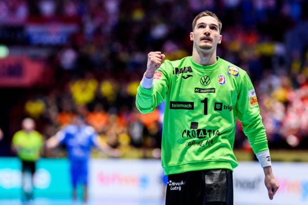 260119 Goalkeeper Dominik Kuzmanovic of Croatia celebrates after the EHF European Handball Championship preliminary round match between the Netherlands and Croatia on January 19, 2026 in Malmö Photo Petter Arvidson BILDBYRAN kod PA PA1126 handball handball handball handballs em 2026 nederländerna netherlands croatia kroatien ehf european handball championship bbeng grappa33 jubel  Copyright: PETTERxARVIDSON BB260119PA090