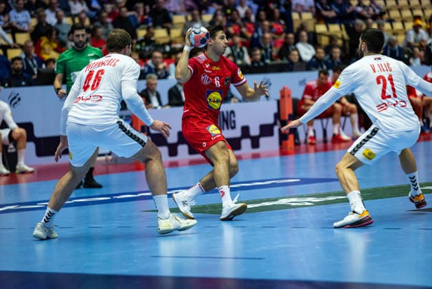 HERNING, DENMARK - JANUARY 19: Markus Mahr (Austria, 06) in attack during the EHF EURO 2026 match between Austria vs Serbia at Jyske Bank Boxen Arena on matchday 3 of the Group Matches Group A on January 19, 2026 in Herning, Denmark. Midtjylland Denmark Copyright: xMarioxM.xKobergx