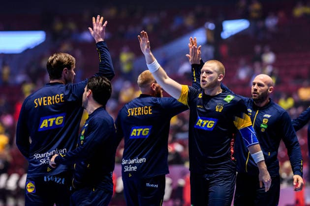 260119 Players of Sweden ahead of the EHF European Handball Championship preliminary round match between Georgia and Sweden on January 19, 2026 in Malmö Photo Petter Arvidson BILDBYRAN kod PA PA1125 handball handboll handball handbolls em 2026 georgien sverige sweden ehf european handball championship georgia bbeng  Copyright: PETTERxARVIDSON BB260119PA094