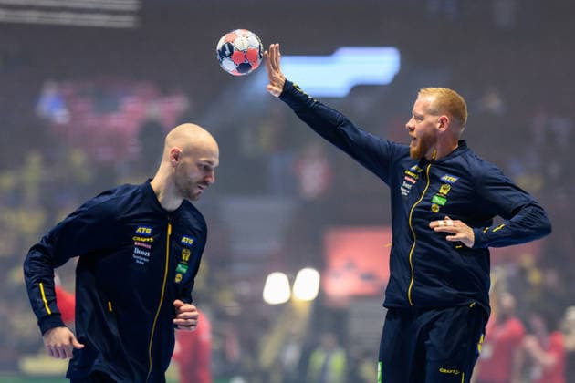 260119 Lukas Sandell and Jim Gottfridsson of Sweden ahead of the EHF European Handball Championship preliminary round match between Georgia and Sweden on January 19, 2026 in Malmö Photo Petter Arvidson BILDBYRAN kod PA PA1125 handball handball handball handballs em 2026 georgien sverige sweden ehf european handball championship georgia bbeng  Copyright: PETTERxARVIDSON BB260119PA098