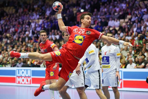 Austria Serbia, EHF European Handball Championship 2026 Lukas Herburger Austria, 26 Handball EHF European Championship, international match between Austria and Serbia on January 19, 2026 in Herning Denmark , Herning Denmark Jyske Bank Boxen