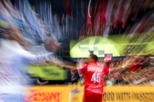 19 01 2026, Handball, Men s EHF EURO 2026, Austria Serbia, Jyske Bank Boxen in Herning, Denmark, Preliminary Round Dynamic Feature of players on the pitch Dynamic Dynamic Symbolic picture Eric Damböck Austria 45 jubel Torjubel Denmark