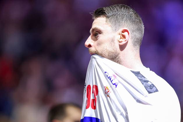 19 01 2026, Handball, Men s EHF EURO 2026, Austria Serbia, Jyske Bank Boxing in Herning, Denmark, Preliminary Round Mijajlo Marsenic Serbia 93 disappointed Disappointment after defeat against Austria Denmark