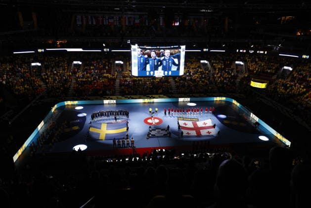 MALMÖ, SWEDEN 20260119 The teams line up to the national anthems for the European Handball Championship Group E match between Georgia and Sweden in Malmö Arena, Malmö, Sweden, January 19, 2026 MALMÖ SWEDEN x10600x  Copyright: xAndreasxHillergren TTx HANDBOLLS-EM 2026 GEORGIEN - SVERIGE