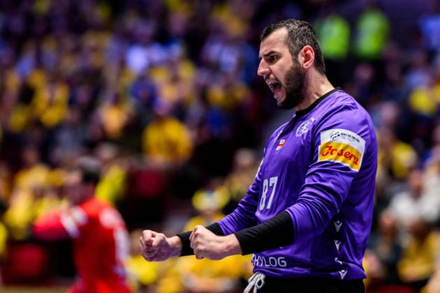 260119 goalkeeper David Nikabadze of Georgia celebrates during the EHF European Handball Championship preliminary round match between Georgia and Sweden on January 19, 2026 in Malmö Photo Petter Arvidson BILDBYRAN kod PA PA1125 handball handball handball handballs em 2026 georgia sverige sweden ehf european handball championship georgia bbeng jubel  Copyright: PETTERxARVIDSON BB260119PA133