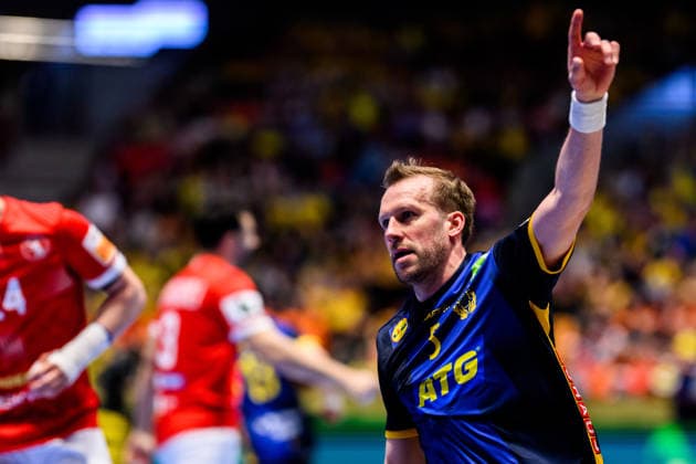 260119 Max Darj of Sweden celebrates during the EHF European Handball Championship preliminary round match between Georgia and Sweden on January 19, 2026 in Malmö Photo Petter Arvidson BILDBYRAN kod PA PA1125 handball handball handball handballs em 2026 georgia sverige sweden ehf european handball championship georgia bbeng jubel  Copyright: PETTERxARVIDSON BB260119PA156