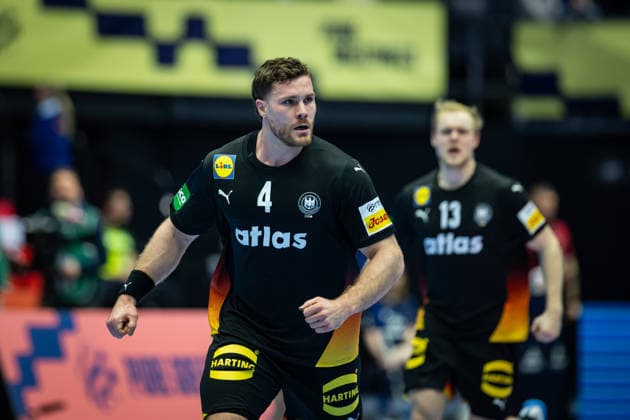 HERNING, DENMARK - JANUARY 19: celebration goal celebration Johannes Golla (Germany, 04) during the EHF EURO 2026 match between Germany vs Spain at Jyske Bank Boxen Arena on matchday 3 of the Group Matches Group A on January 19, 2026 in Herning, Denmark. Midtjylland Denmark Copyright: xMarioxM.xKobergx