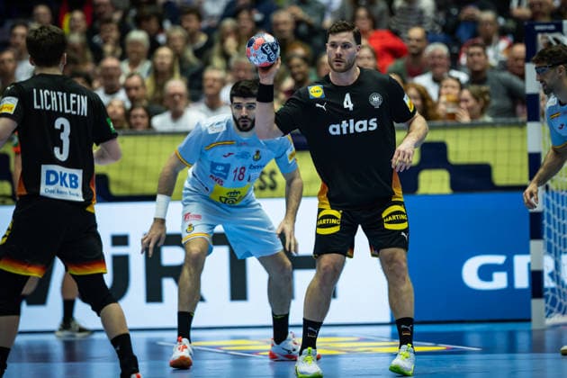 HERNING, DENMARK - JANUARY 19: Johannes Golla (Germany, 04) and Nils Lichtlein (Germany, 03) in attack during the EHF EURO 2026 match between Germany vs Spain at Jyske Bank Boxen Arena on matchday 3 of the Group Matches Group A on January 19, 2026 in Herning, Denmark. Midtjylland Denmark Copyright: xMarioxM.xKobergx