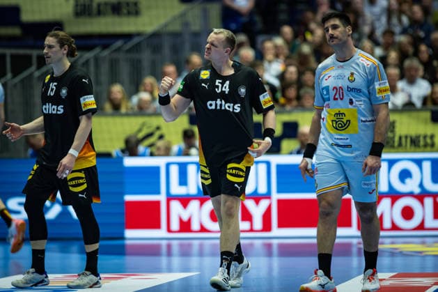 HERNING, DENMARK - JANUARY 19: celebration goal celebration Justus Fischer (Germany, 54) during the EHF EURO 2026 match between Germany vs Spain at Jyske Bank Boxen Arena on matchday 3 of the Group Matches Group A on January 19, 2026 in Herning, Denmark. Midtjylland Denmark Copyright: xMarioxM.xKobergx