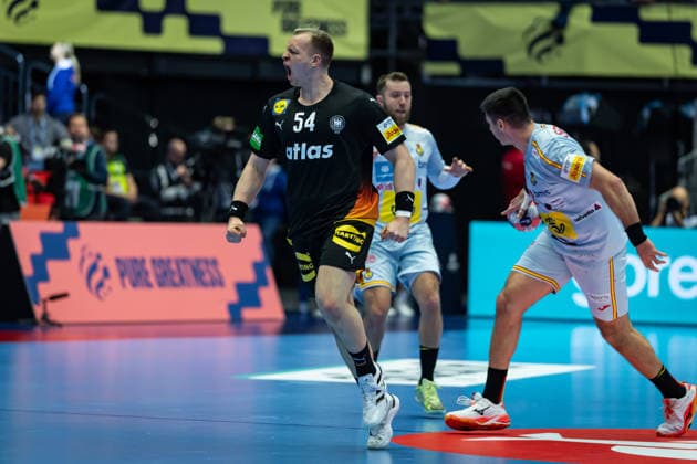 HERNING, DENMARK - JANUARY 19: celebration goal celebration Justus Fischer (Germany, 54) during the EHF EURO 2026 match between Germany vs Spain at Jyske Bank Boxen Arena on matchday 3 of the Group Matches Group A on January 19, 2026 in Herning, Denmark. Midtjylland Denmark Copyright: xMarioxM.xKobergx