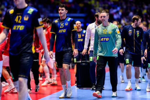 260119 Nikola Roganovic and goalkeeper Andreas Palicka of Sweden during the EHF European Handball Championship preliminary round match between Georgia and Sweden on January 19, 2026 in Malmö Photo Petter Arvidson BILDBYRAN kod PA PA1125 handball handball handball handballs em 2026 georgien sverige sweden ehf european handball championship georgia bbeng  Copyright: PETTERxARVIDSON BB260119PA183