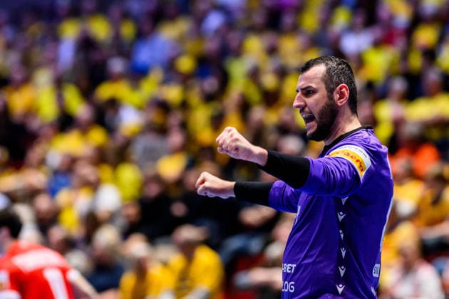 260119 goalkeeper David Nikabadze celebrates during the EHF European Handball Championship preliminary round match between Georgia and Sweden on January 19, 2026 in Malmö Photo Petter Arvidson BILDBYRAN kod PA PA1125 handball handball handball handballs em 2026 georgia sverige sweden ehf european handball championship georgia bbeng jubel  Copyright: PETTERxARVIDSON BB260119PA195