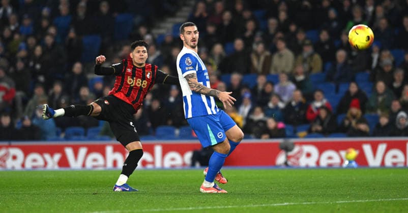 Evanilson of Bournemouth fires in a shot past Lewis Dunk of Brighton during the Premier League match between Brighton and Hove Albion and AFC Bournemouth at the American Express Stadium , Brighton , UK - 19th January 2026 Brighton vs Bournemouth Premier League Football, Amex Stadium, Sussex, UK - 19 Jan 2026Brighton Amex Stadium Sussex United Kingdom Editorial use only. No merchandising. For Football images FA and Premier League restrictions apply inc. no internet mobile usage without FAPL license - for details contact Football Dataco  Copyright: xSimonxDack TPI Shutterstockx 16370121o