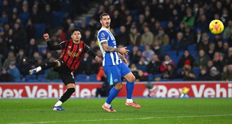 Evanilson of Bournemouth fires in a shot past Lewis Dunk of Brighton during the Premier League match between Brighton and Hove Albion and AFC Bournemouth at the American Express Stadium , Brighton , UK - 19th January 2026 Brighton vs Bournemouth Premier League Football, Amex Stadium, Sussex, UK - 19 Jan 2026Brighton Amex Stadium Sussex United Kingdom Editorial use only. No merchandising. For Football images FA and Premier League restrictions apply inc. no internet mobile usage without FAPL license - for details contact Football Dataco  Copyright: xSimonxDack TPI Shutterstockx 16370121p
