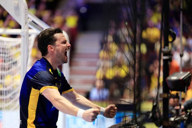 MALMÖ, SWEDEN 20260119 Swedens Sebastian Karlsson cheers during the European Handball Championship Group E match between Georgia and Sweden in Malmö Arena, Malmö, Sweden, January 19, 2026 MALMÖ SWEDEN x10600x  Copyright: xAndreasxHillergren TTx HANDBOLLS-EM 2026 GEORGIEN - SVERIGE