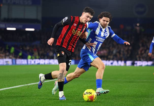 Brighton and Hove, England, 19th January 2026. Ãlex JimÃ nez of Bournemouth and Ferdi Kadioglu of Brighton and Hove Albion challenge for the ball during the Brighton and Hove Albion vs AFC Bournemouth Premier League match at the AMEX Stadium, Brighton and Hove. Picture credit should read: Paul Terry Sportimage EDITORIAL USE ONLY. No use with unauthorised audio, video, data, fixture lists, club league logos or live services. Online in-match use limited to 120 images, no video emulation. No use in betting, games or single club league player publications. SPI_012_PT_Brighton_Bournemouth SPI-4463-0012