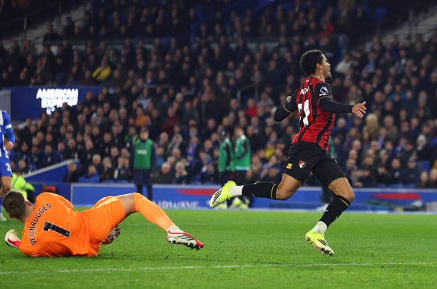 Brighton and Hove, England, 19th January 2026. Amine Adli of Bournemouth is fouled by Bart Verbruggen of Brighton and Hove Albion and wins a penalty during the Brighton and Hove Albion vs AFC Bournemouth Premier League match at the AMEX Stadium, Brighton and Hove. Picture credit should read: Paul Terry Sportimage EDITORIAL USE ONLY. No use with unauthorised audio, video, data, fixture lists, club league logos or live services. Online in-match use limited to 120 images, no video emulation. No use in betting, games or single club league player publications. SPI_013_PT_Brighton_Bournemouth SPI-4463-0013