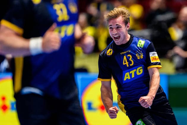 260119 Felix Montebovi of Sweden celebrates during the EHF European Handball Championship preliminary round match between Georgia and Sweden on January 19, 2026 in Malmö Photo Petter Arvidson BILDBYRAN kod PA PA1125 handball handball handball handballs em 2026 georgia sverige sweden ehf european handball championship georgia bbeng jubel  Copyright: PETTERxARVIDSON BB260119PA203