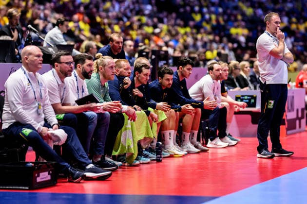 260119 Goalkeeper Mikael Appelgren, Jim Gottfridsson, Hampus Wanne and Head coach Michael Apelgren of Sweden during the EHF European Handball Championship preliminary round match between Georgia and Sweden on January 19, 2026 in Malmö Photo Petter Arvidson BILDBYRAN kod PA PA1125 handball handball handball handballs em 2026 georgia sverige sweden ehf european handball championship georgia bbeng  Copyright: PETTERxARVIDSON BB260119PA207