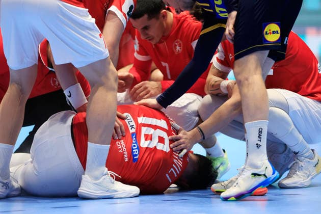 MALMÖ, SWEDEN 20260119 Georgias Erekle Arsenashvili is in pain during the European Handball Championship Group E match between Georgia and Sweden in Malmö Arena, Malmö, Sweden, January 19, 2026 MALMÖ SWEDEN x10600x  Copyright: xAndreasxHillergren TTx HANDBOLLS-EM 2026 GEORGIEN - SVERIGE