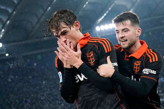 Nico Paz of Como 1907 celebrates with Martin Baturina after scoring the goal of 0-2 during the Serie A 2025 2026 football match between SS Lazio and Como 1907 at Stadio Olimpico in Rome (Italy), January 19, 2026. AntoniettaxBaldassarre