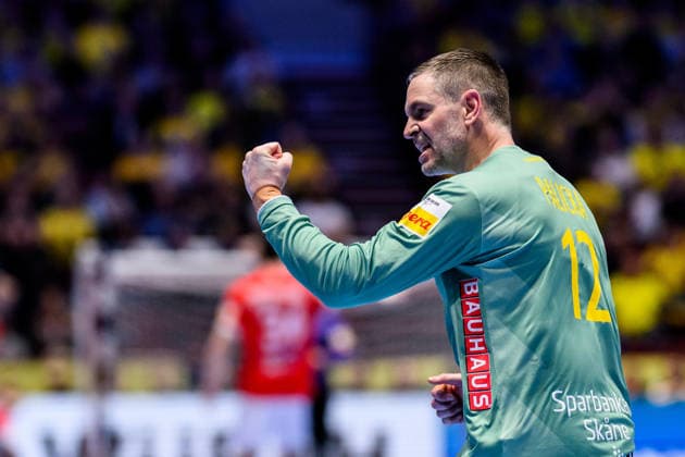 260119 Goalkeeper Andreas Palicka of Sweden celebrates during the EHF European Handball Championship preliminary round match between Georgia and Sweden on January 19, 2026 in Malmö Photo Petter Arvidson BILDBYRAN kod PA PA1125 handball handball handball handballs em 2026 georgia sverige sweden ehf european handball championship georgia bbeng jubel  Copyright: PETTERxARVIDSON BB260119PA220