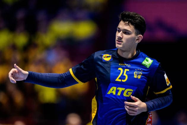 260119 Nikola Roganovic of Sweden celebrates during the EHF European Handball Championship preliminary round match between Georgia and Sweden on January 19, 2026 in Malmö Photo Petter Arvidson BILDBYRAN kod PA PA1125 handball handball handball handballs em 2026 georgia sverige sweden ehf european handball championship georgia bbeng jubel  Copyright: PETTERxARVIDSON BB260119PA228
