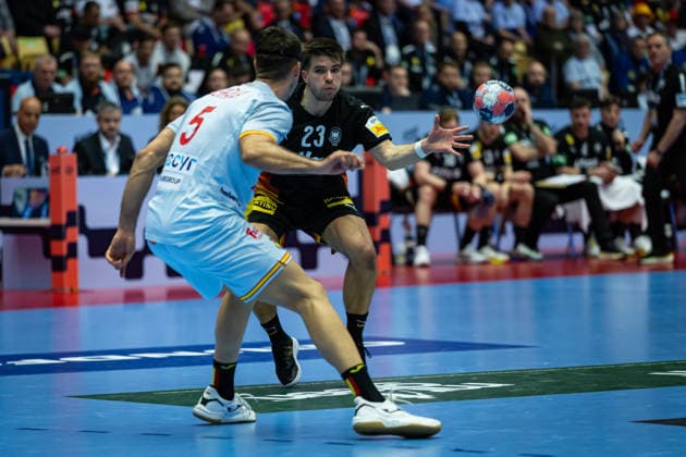 HERNING, DENMARK - JANUARY 19: Antonio Serradilla Cuenca (Spain, 05) against Renars Uscins (Germany, 23) during the EHF EURO 2026 match between Germany vs Spain at Jyske Bank Boxen Arena on matchday 3 of the Group Matches Group A on January 19, 2026 in Herning, Denmark. Midtjylland Denmark Copyright: xMarioxM.xKobergx