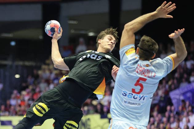 Germany Spain, EHF Handball European Championship 2026 Julian Köster Germany, 18 vs Antonio Serradilla Cuenca Spain, 5 Handball EHF European Championship, International match between Germany and Spain on January 19, 2026 in Herning Denmark , Herning Denmark Jyske Bank Boxing