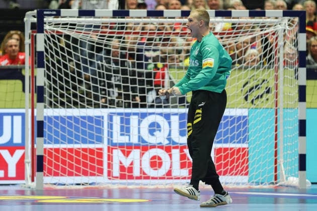 Germany Spain, EHF Handball European Championship 2026 Goalkeeper David Späth Germany, 1 Handball EHF European Championship, International match between Germany and Spain on January 19, 2026 in Herning Denmark , Herning Denmark Jyske Bank Boxen