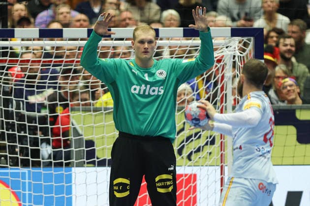 Germany Spain, EHF Handball European Championship 2026 Goalkeeper David Späth Germany, 1 Handball EHF European Championship, International match between Germany and Spain on January 19, 2026 in Herning Denmark , Herning Denmark Jyske Bank Boxen