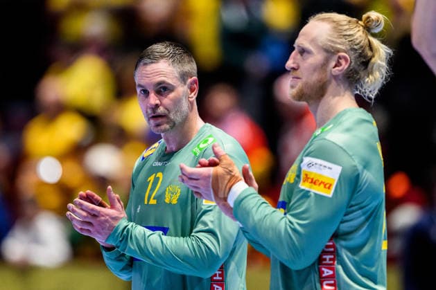 260119 Goalkeeper Andreas Palicka and goalkeeper Mikael Appelgren of Sweden after the EHF European Handball Championship preliminary round match between Georgia and Sweden on January 19, 2026 in Malmö Photo Petter Arvidson BILDBYRAN kod PA PA1125 handball handball handball handballs em 2026 georgien sverige sweden ehf european handball championship georgia bbeng  Copyright: PETTERxARVIDSON BB260119PA257
