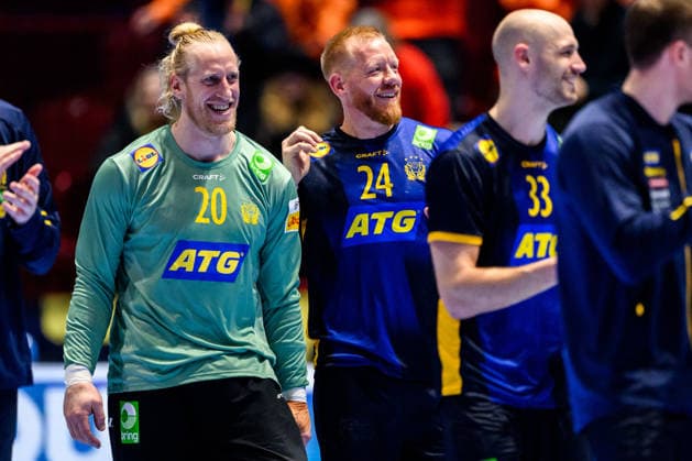 260119 Goalkeeper Mikael Appelgren and Jim Gottfridsson of Sweden celebrate after the EHF European Handball Championship preliminary round match between Georgia and Sweden on January 19, 2026 in Malmö Photo Petter Arvidson BILDBYRAN kod PA PA1125 handball handball handball handballs em 2026 georgia sverige sweden ehf european handball championship georgia bbeng jubel  Copyright: PETTERxARVIDSON BB260119PA259