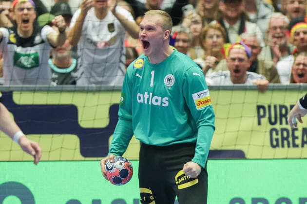 Germany Spain, EHF Handball European Championship 2026 Goalkeeper David Späth Germany, 1 Handball EHF European Championship, International match between Germany and Spain on January 19, 2026 in Herning Denmark , Herning Denmark Jyske Bank Boxen