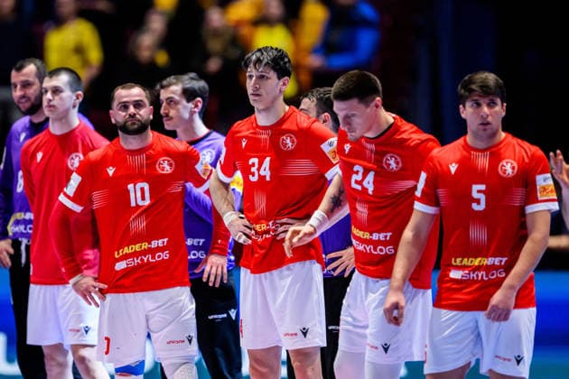 260119 Irakli Kbilashvili, Miriani Gavashelishvili, Zurabi Gogava and Vakhtang Khelisupali of Georgia look dejected after the EHF European Handball Championship preliminary round match between Georgia and Sweden on January 19, 2026 in Malmö Photo Petter Arvidson BILDBYRAN kod PA PA1125 handball handball handball handballs em 2026 georgia sverige sweden ehf european handball championship georgia bbeng depp  Copyright: PETTERxARVIDSON BB260119PA261