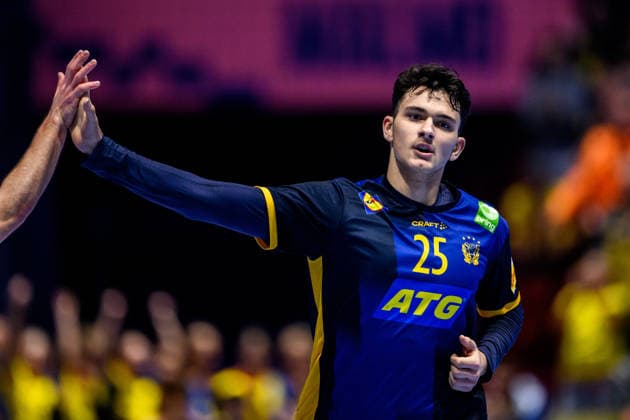 260119 Nikola Roganovic of Sweden celebrates during the EHF European Handball Championship preliminary round match between Georgia and Sweden on January 19, 2026 in Malmö Photo Petter Arvidson BILDBYRAN kod PA PA1125 handball handball handball handballs em 2026 georgia sverige sweden ehf european handball championship georgia bbeng jubel  Copyright: PETTERxARVIDSON BB260119PA262