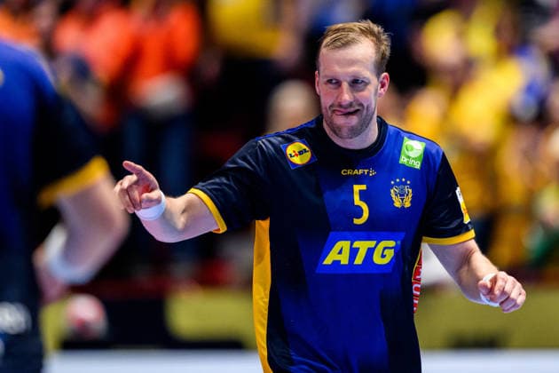 260119 Max Darj of Sweden celebrates during the EHF European Handball Championship preliminary round match between Georgia and Sweden on January 19, 2026 in Malmö Photo Petter Arvidson BILDBYRAN kod PA PA1125 handball handball handball handballs em 2026 georgia sverige sweden ehf european handball championship georgia bbeng jubel  Copyright: PETTERxARVIDSON BB260119PA264