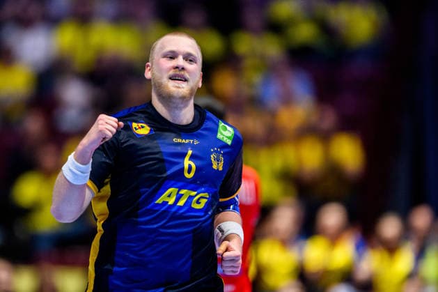 260119 Felix Möller of Sweden celebrates during the EHF European Handball Championship preliminary round match between Georgia and Sweden on January 19, 2026 in Malmö Photo Petter Arvidson BILDBYRAN kod PA PA1125 handball handball handball handballs em 2026 georgia sverige sweden ehf european handball championship georgia bbeng jubel  Copyright: PETTERxARVIDSON BB260119PA268