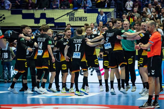 HERNING, DENMARK - JANUARY 19: celebration after victory team Germany during the EHF EURO 2026 match between Germany vs Spain at Jyske Bank Boxen Arena on matchday 3 of the Group Matches Group A on January 19, 2026 in Herning, Denmark. Midtjylland Denmark Copyright: xMarioxM.xKobergx