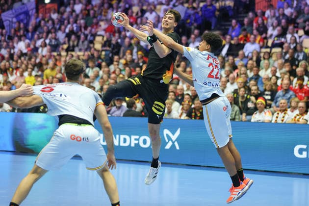 Germany Spain, EHF Handball European Championship 2026 Julian Köster Germany, 18 vs Marcos Fis Ballester Spain, 22 Handball EHF European Championship, International match between Germany and Spain on January 19, 2026 in Herning Denmark , Herning Denmark Jyske Bank Boxing